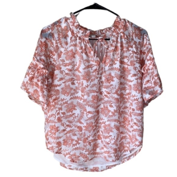 Loft floral blouse coral popover xs‎ petite peasant shirt lined polyester - Picture 1 of 5